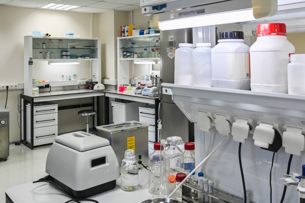 Interior of a modern laboratory. Furniture, equipment and devices in the room for scientific biological research.